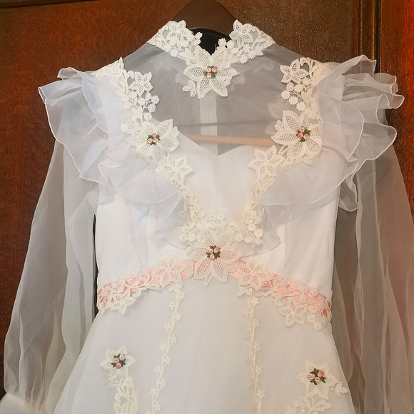 Vintage 60s Wedding Dress Long Veil Train Ruffles Floral Lace Barbie Pink 1960 - Picture 3 of 16